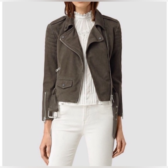 All Saints Hitchen Leather Biker Jacket in Graphite Brown Womens Size XS / 0 - Picture 2 of 8